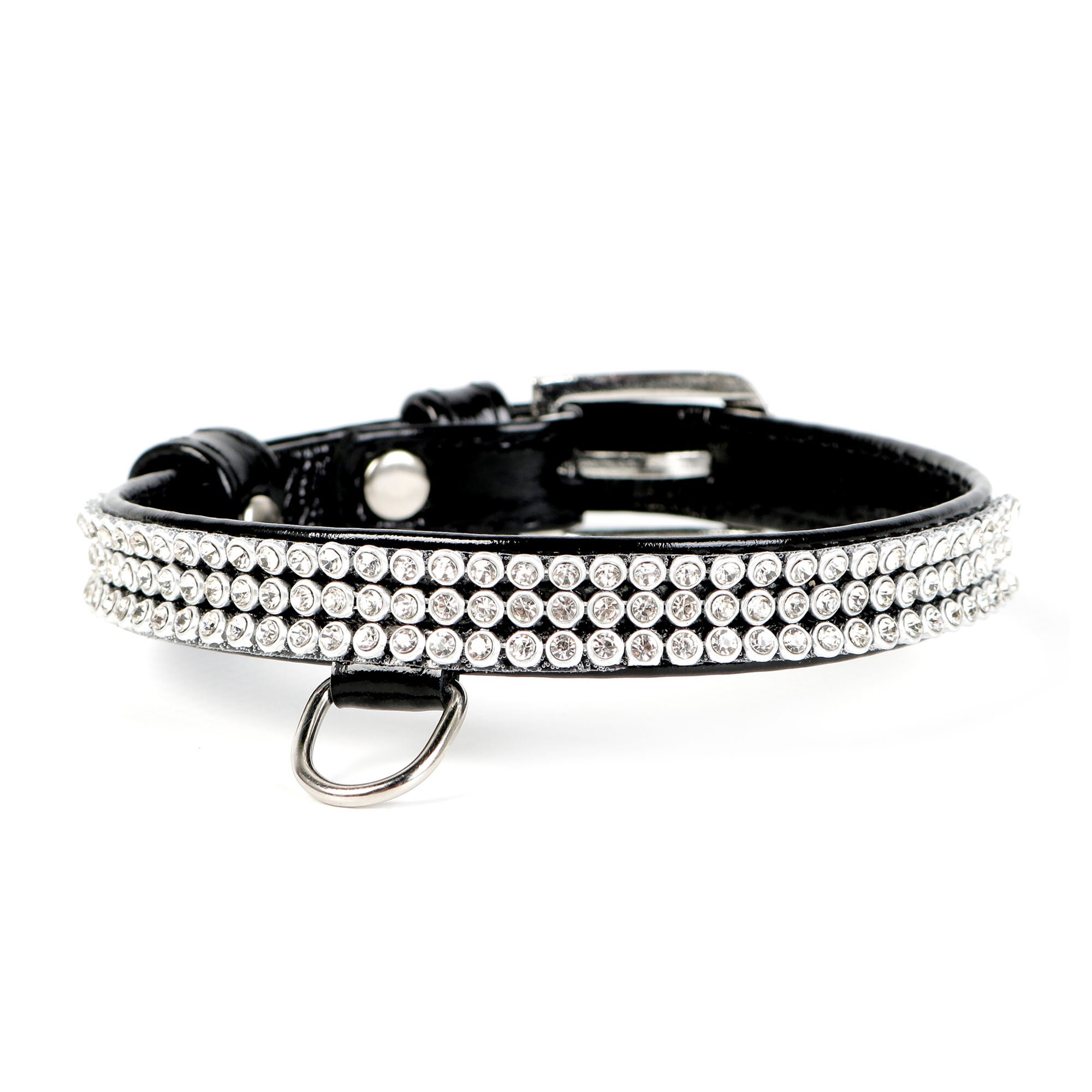 Ошейник Collar кожаный, лакированный, со стразами в три ряда «Brilliance» (Бриллианс) 21-29 см / 12 мм (черный)