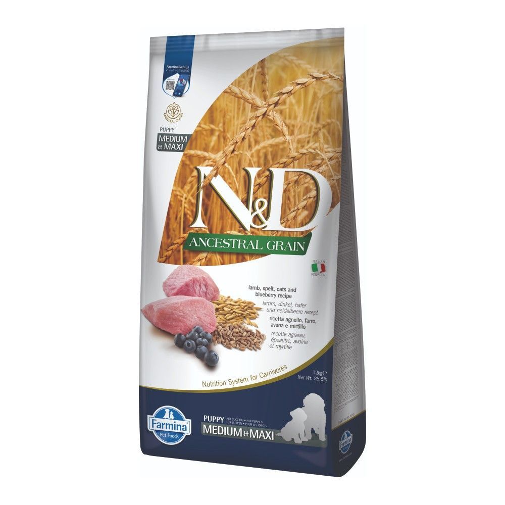 Сухий корм для цуценят Farmina N&D Low Grain Puppy Medium & Maxi 12 кг - ягня, овес, спельта та чорниця Сухий корм для цуценят Farmina N&D Low Grain Puppy Medium & Maxi 12 кг - ягня, овес, спельта та чорниця