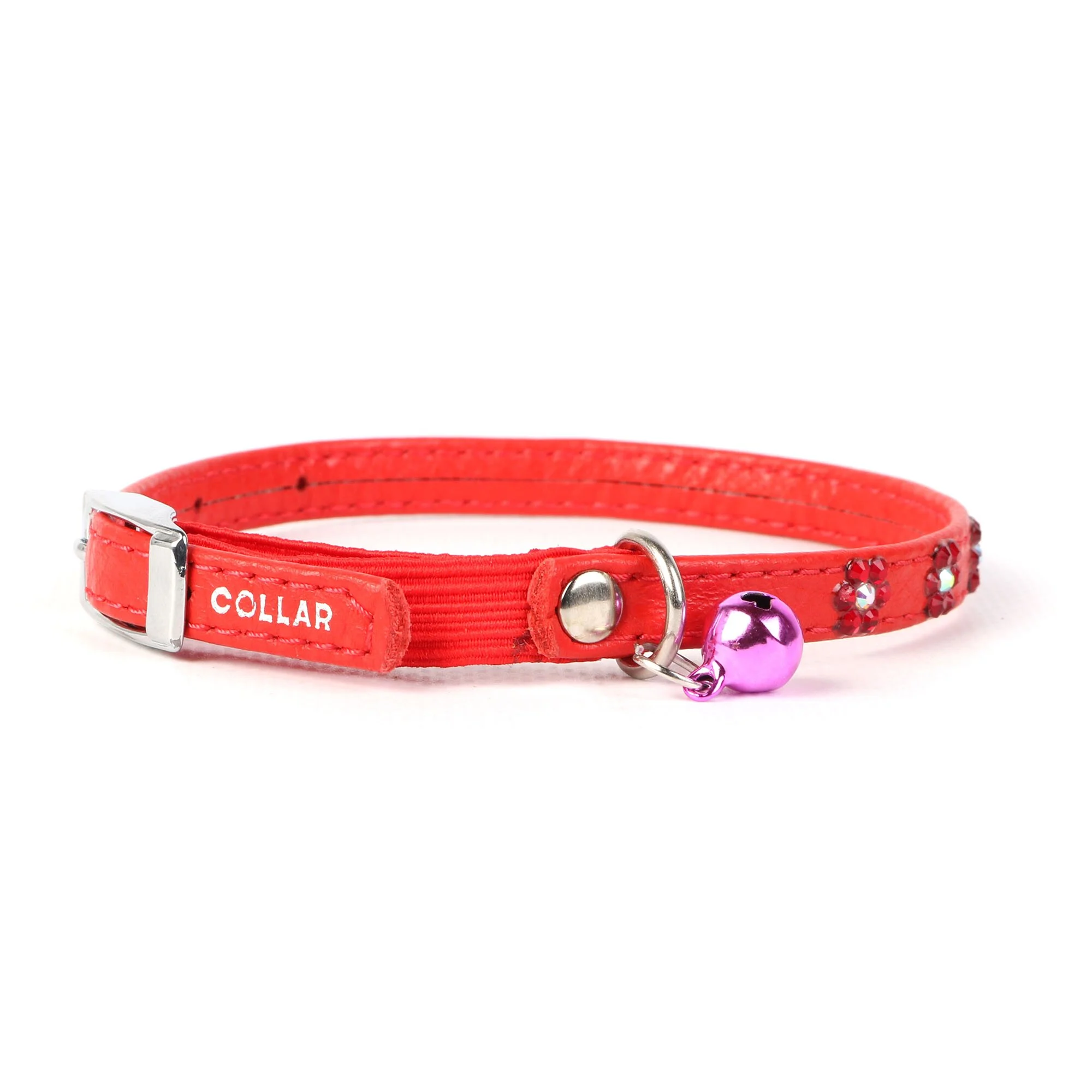 Ошейник Collar кожаный с цветочками и резинкой «Glamour» (Гламур) 22-30 см / 9 (красный)
