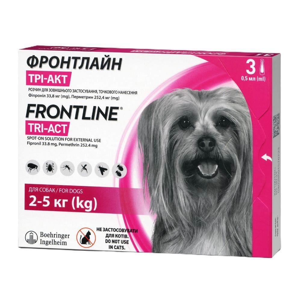 Краплі на холку для собак Boehringer Ingelheim Frontline Tri-Act від 2 до 5 кг, 1 шт Краплі на холку для собак Boehringer Ingelheim Frontline Tri-Act від 2 до 5 кг, 1 шт