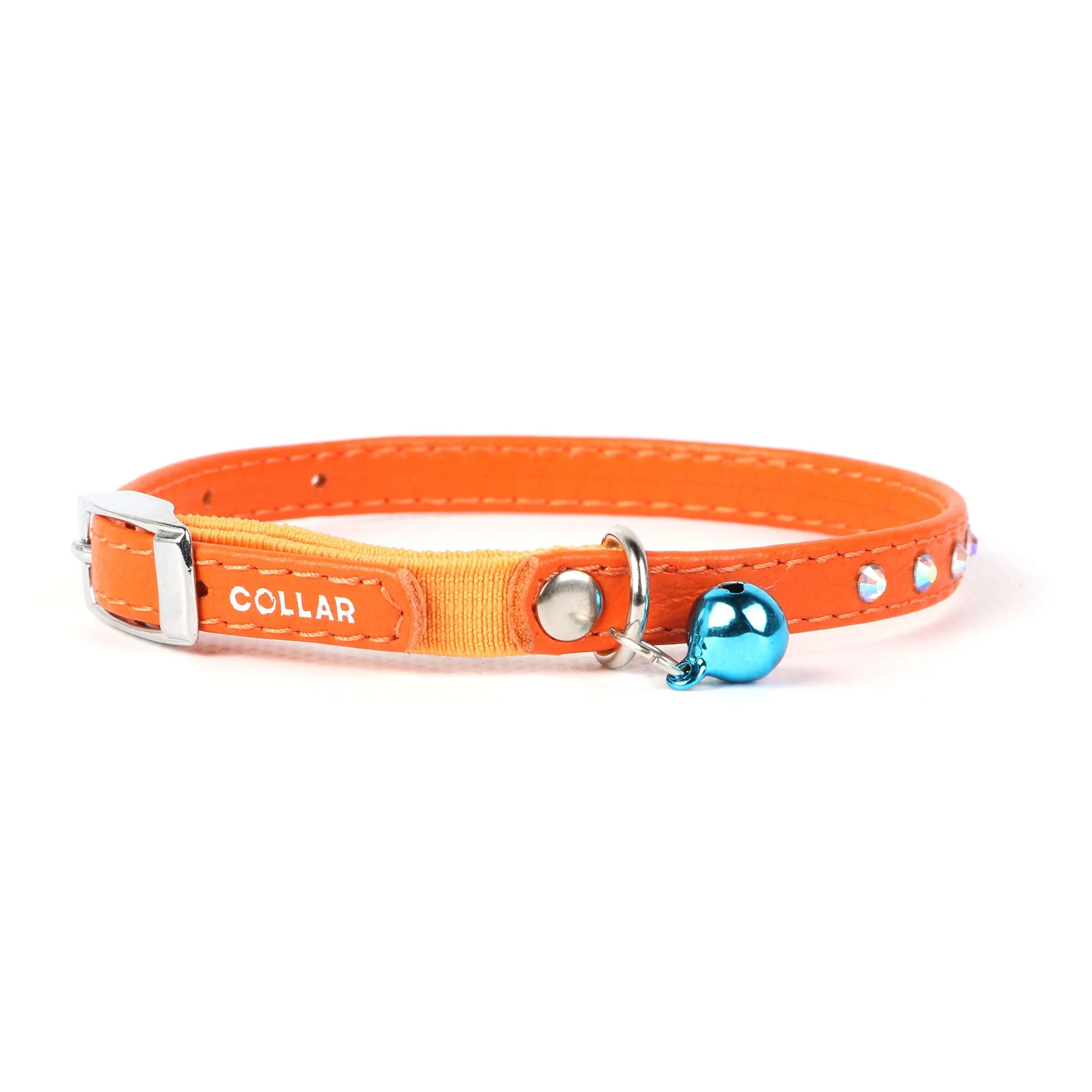 Ошейник Collar кожаный со стразами и резинкой «Glamour» (Гламур) 22-30 см / 9 (оранжевый)