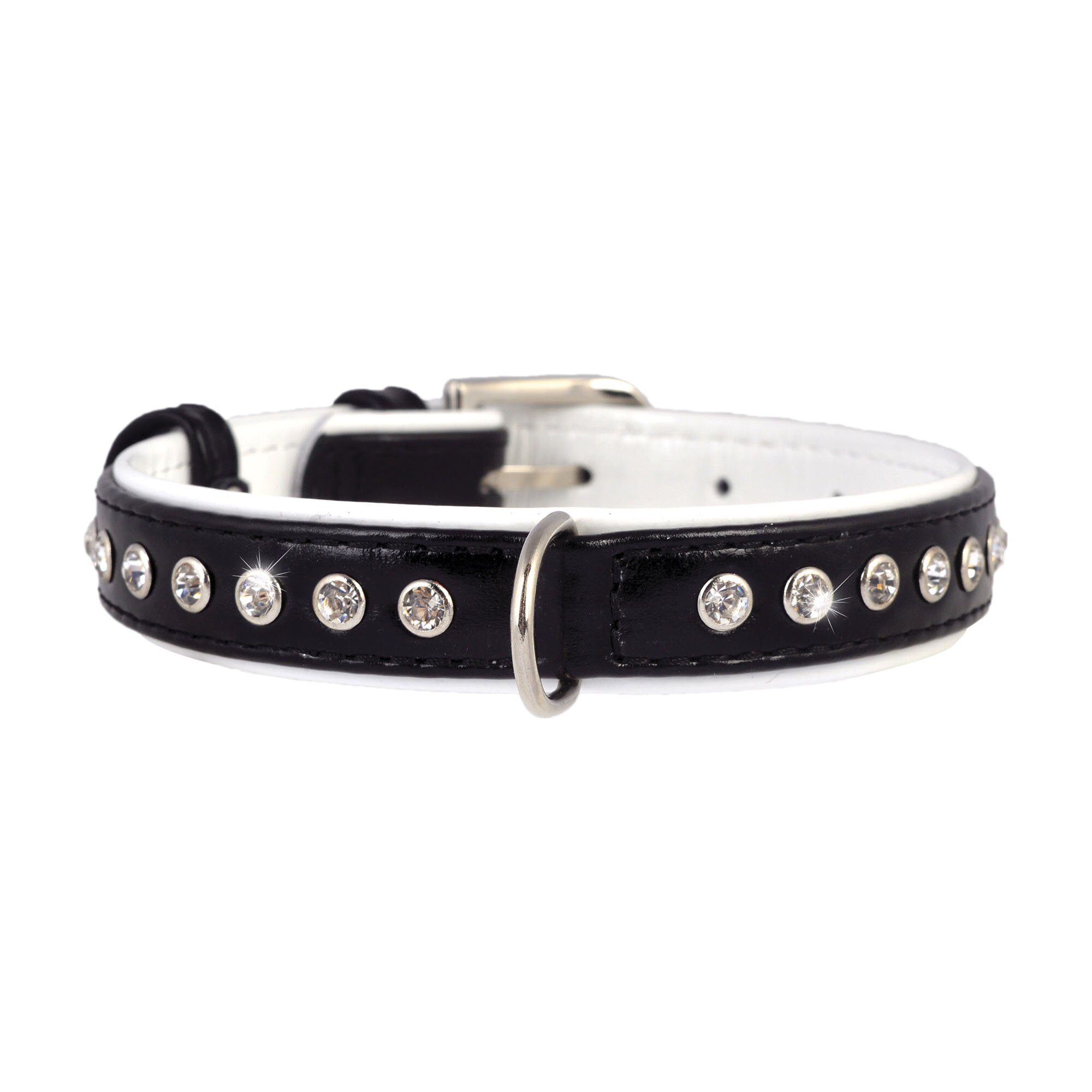 Ошейник Collar кожаный, лакированный, с крупными стразами «Brilliance» (Бриллианс) 30-39 см / 20 мм (черно-белый)