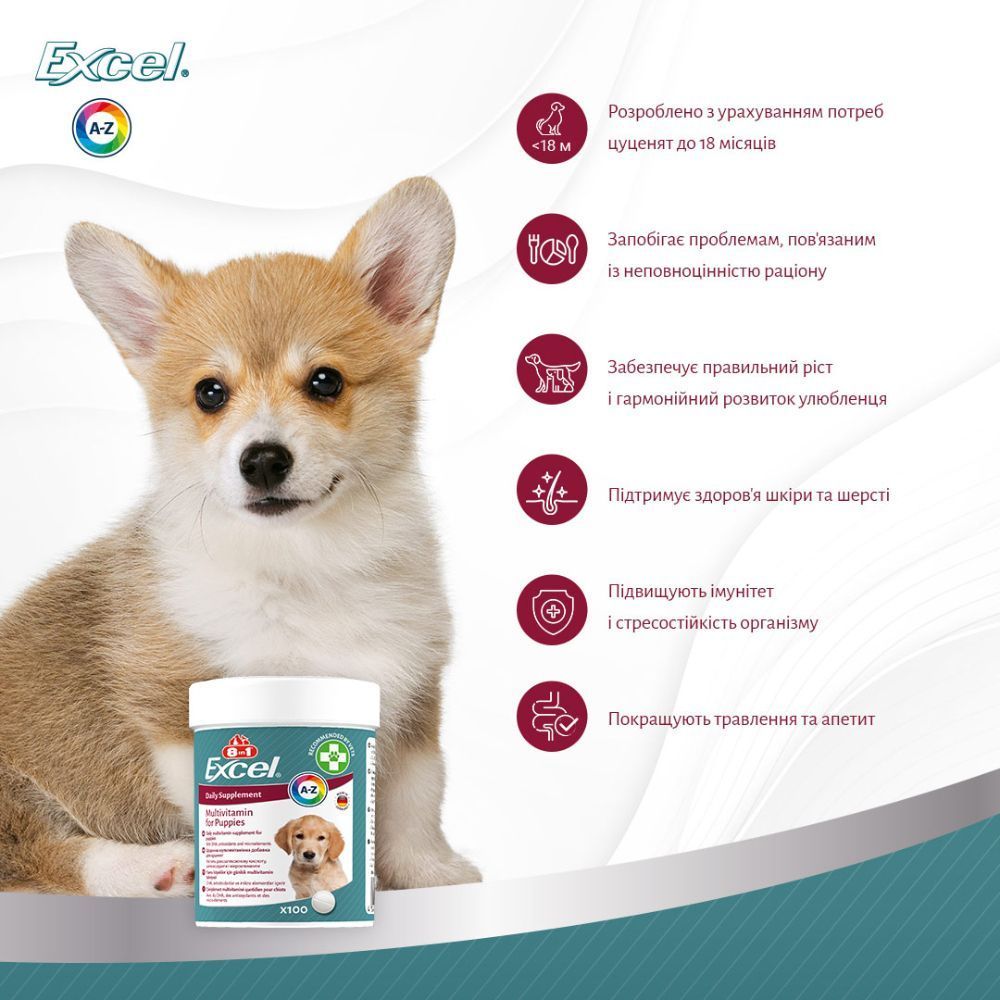 8in1 Excel Multi-Vitamin Puppy Daily Supplement мультивітаміни для цуценят 100 шт 8in1 Excel Multi-Vitamin Puppy Daily Supplement мультивітаміни для цуценят 100 шт