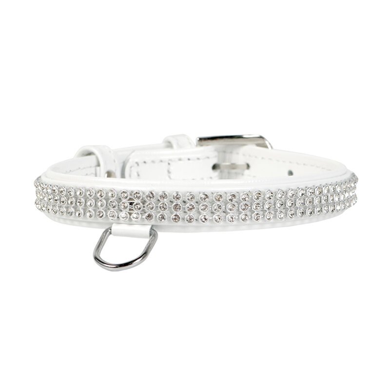 Ошейник Collar кожаный, лакированный, со стразами в три ряда «Brilliance» (Бриллианс) 21-29 см / 12 мм (белый)