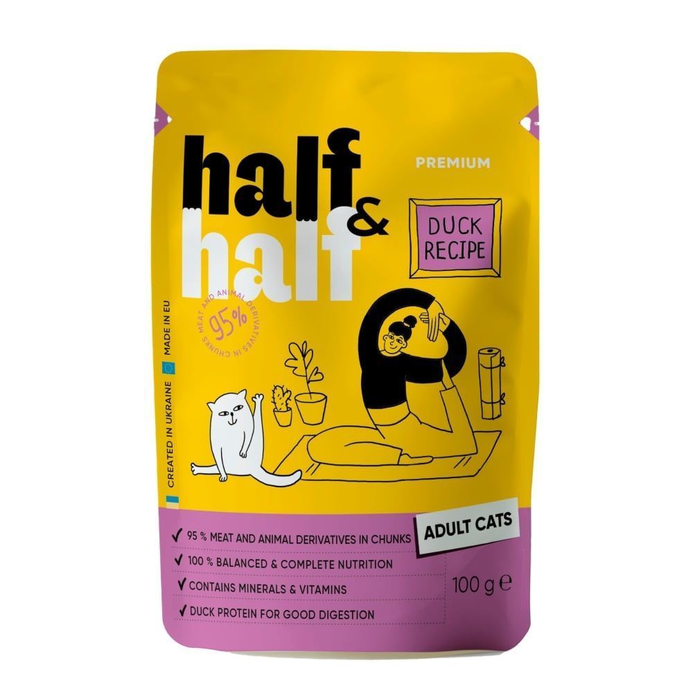 Упаковка вологого корму для котів Half&Half Adult 22 шт х 100 г - качка