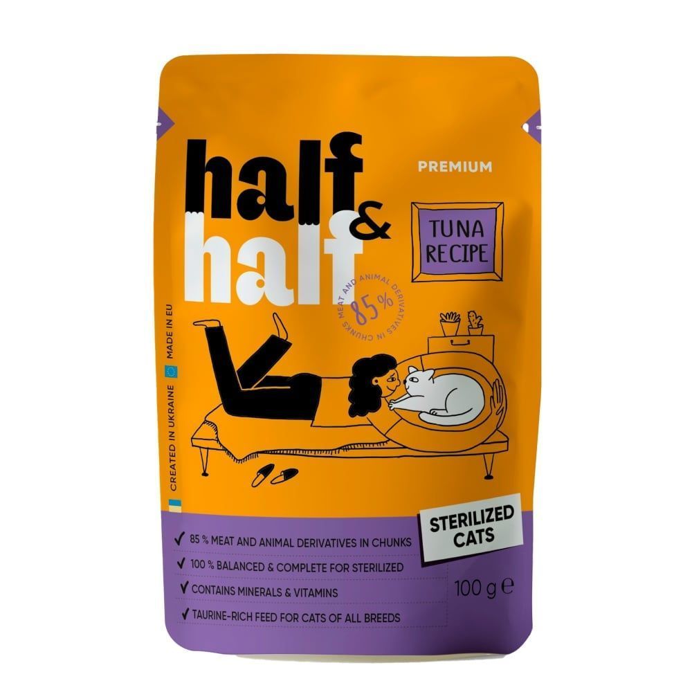 Упаковка вологого корму для котів Half&Half Sterilized 22 шт х 100 г - тунець