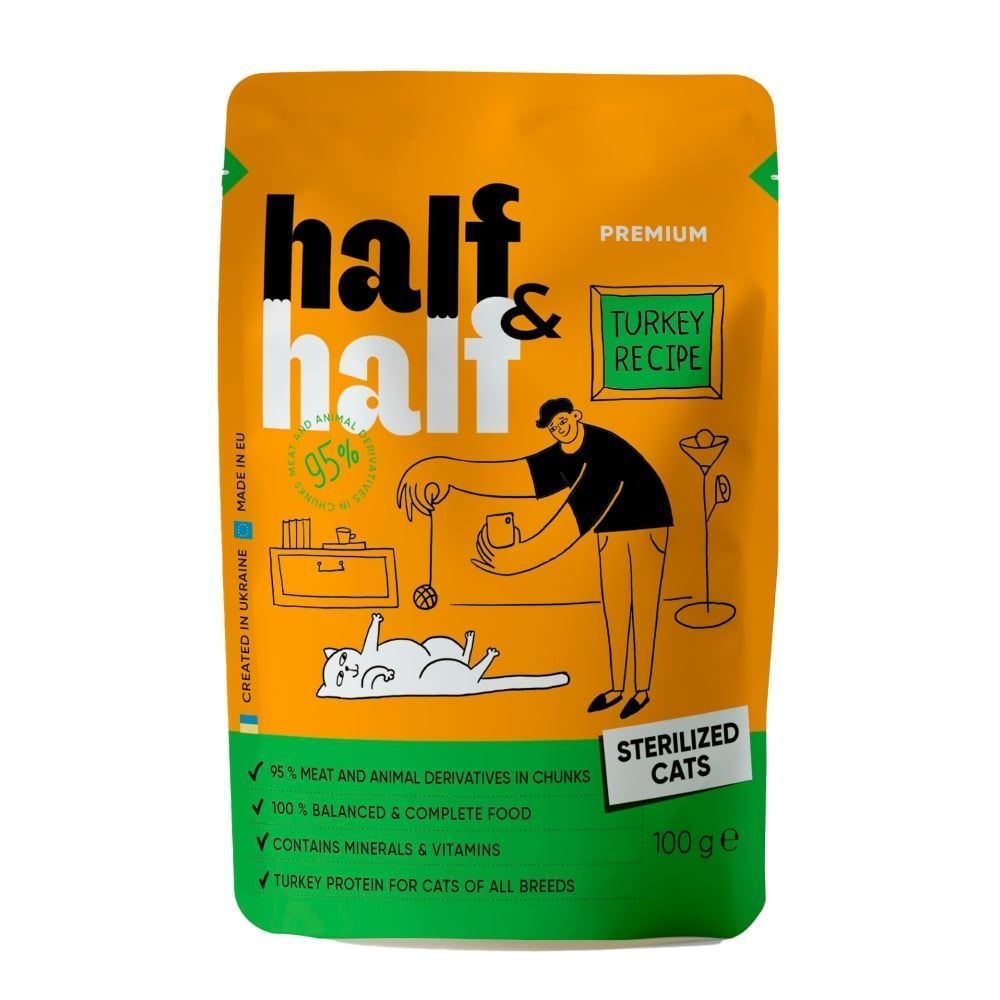 Упаковка вологого корму для котів Half&Half Sterilized 22 шт х 100 г - індичка
