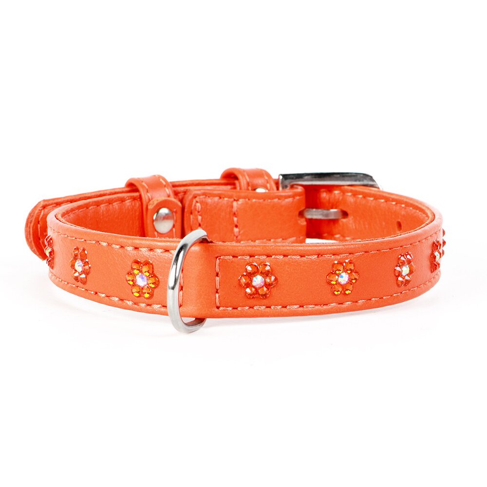 Ошейник Collar кожаный с цветочками «Glamour» (Гламур) 27-36 см / 15 мм (оранжевый)