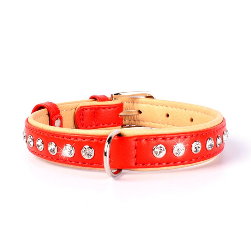 Нашийник Collar шкіряний з великими стразами «Brilliance» (Брілліанс) 27-36 см / 15 мм (червоний, синій, чорний)