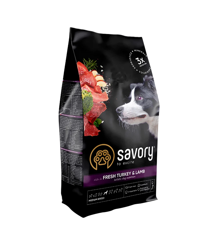 Сухий корм для собак Savory Набір Medium Breed 1 кг - індичка та ягня + Ласощі Dack Filets 100 г - качка та індичка Сухий корм для собак Savory Набір Medium Breed 1 кг - індичка та ягня + Ласощі Dack Filets 100 г - качка та індичка