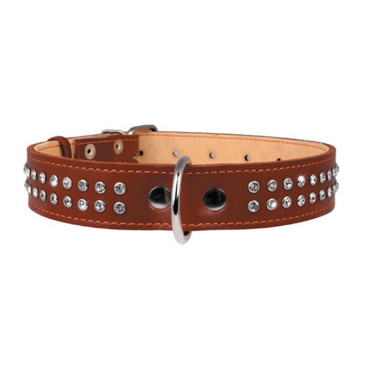 Ошейник Collar кожаный со стразами в два ряда 47-62 см / 35 мм (черный, коричневый)