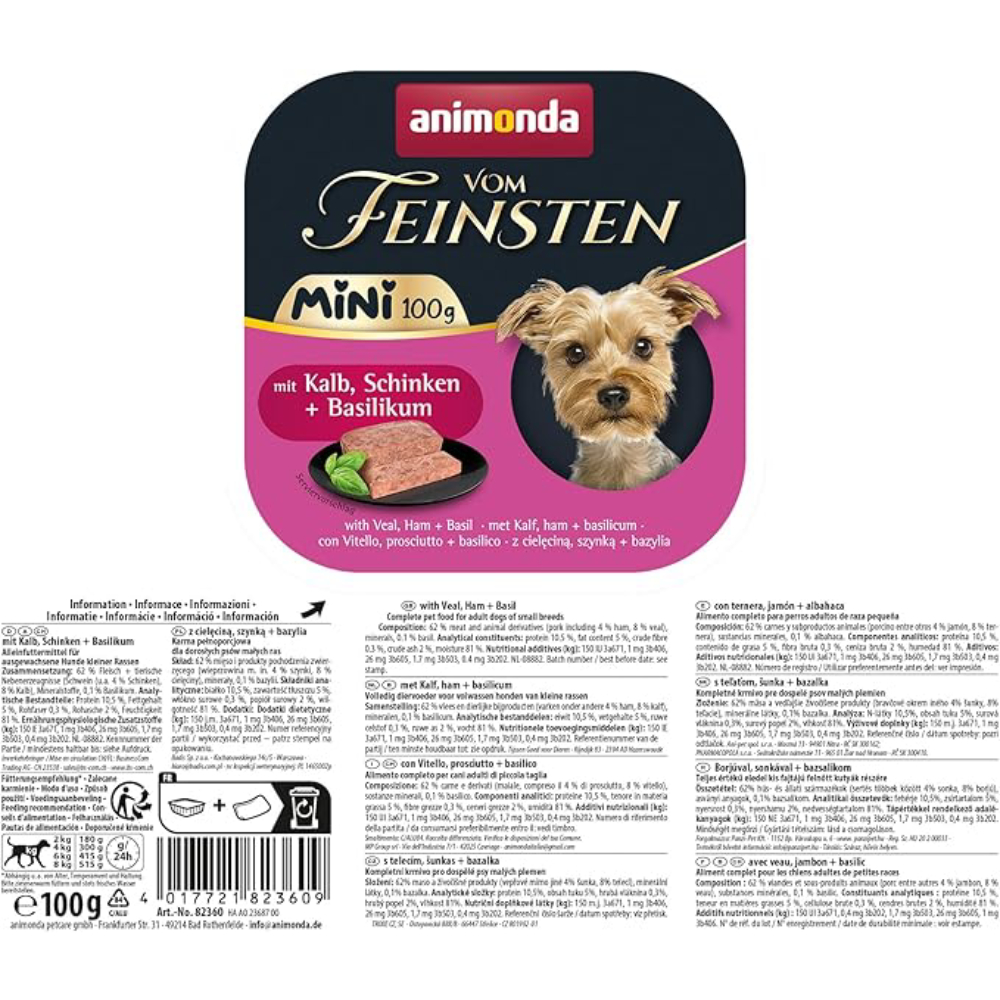 Вологий корм для собак Animonda Vom Feinsten Adult Mini 100 г - телятина, шинка та базилік