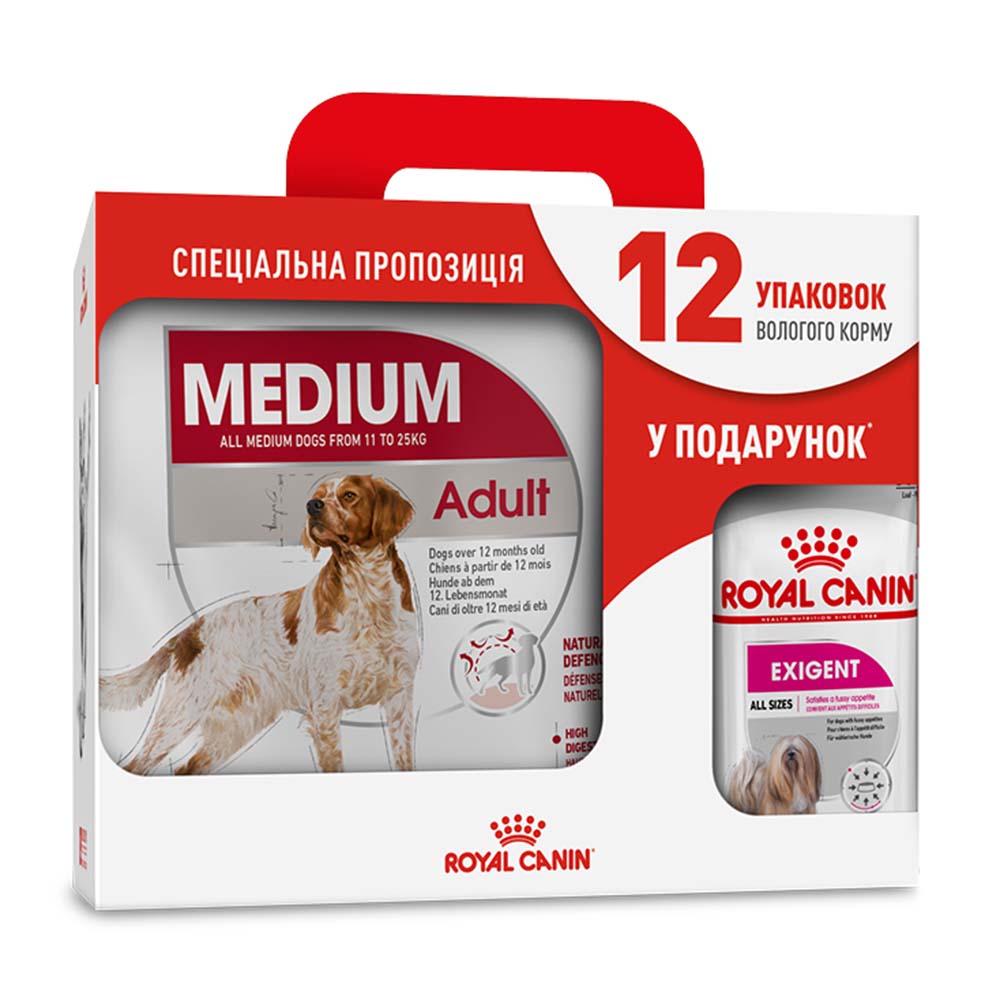 Набір сухого і вологого корму для собак Royal Canin Medium Adult 4 кг + Exigent Loaf pouch 12 шт х 85 г