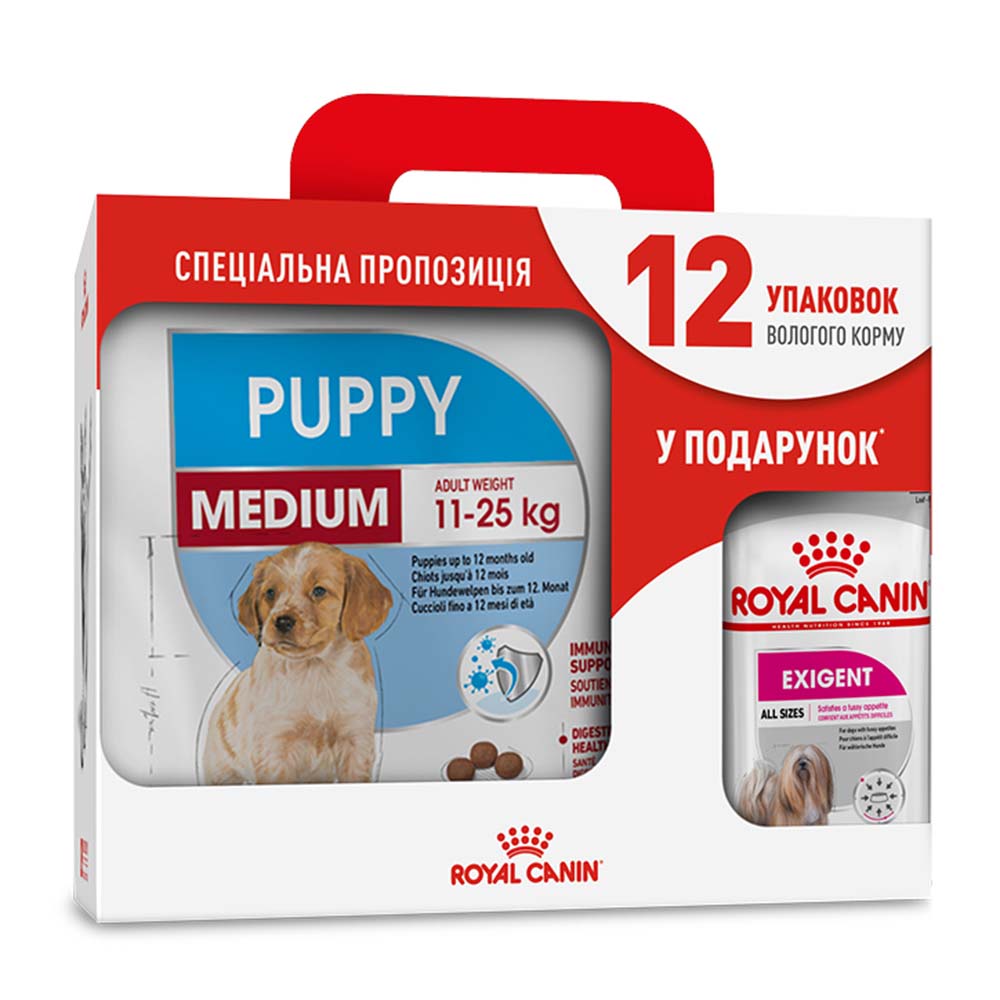 Набор сухого и влажного корма для щенков Royal Canin Medium Puppy 4 кг + Exigent Loaf pouch 12 шт. х 85 г Набор сухого и влажного корма для щенков Royal Canin Medium Puppy 4 кг + Exigent Loaf pouch 12 шт. х 85 г