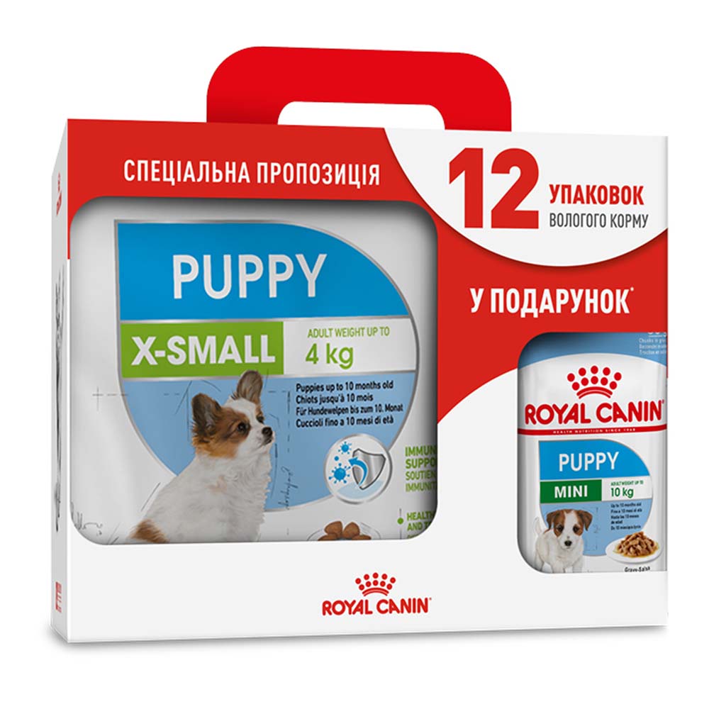 Набор сухого и влажного корма для щенков Royal Canin X-Small Puppy 3 кг + Mini Puppy pouch 12 шт. по 85 г Набор сухого и влажного корма для щенков Royal Canin X-Small Puppy 3 кг + Mini Puppy pouch 12 шт. по 85 г