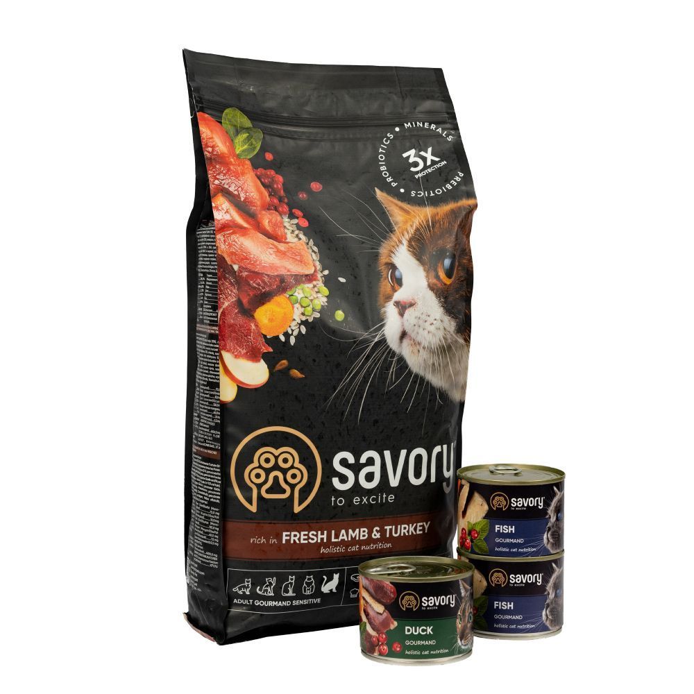 Набір сухого та вологого корму для котів Savory Sensitive 2 кг + 600 г - ягня та індичка Набір сухого та вологого корму для котів Savory Sensitive 2 кг + 600 г - ягня та індичка