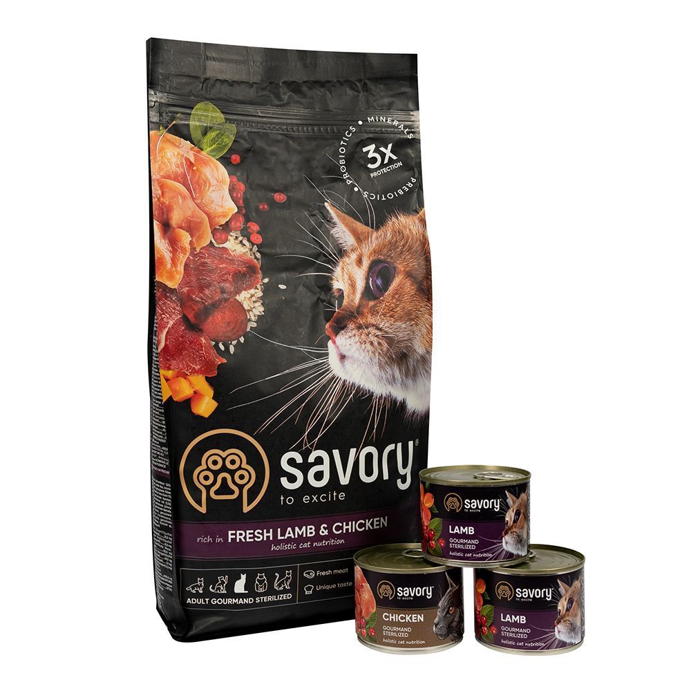 Набір сухого та вологого корму для котів Savory Steril 2 кг + 600 г - ягня та курка Набір сухого та вологого корму для котів Savory Steril 2 кг + 600 г - ягня та курка