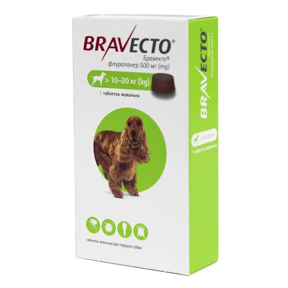 Таблетки для собак Bravecto від 10 до 20 кг, 1 шт Таблетки для собак Bravecto від 10 до 20 кг, 1 шт