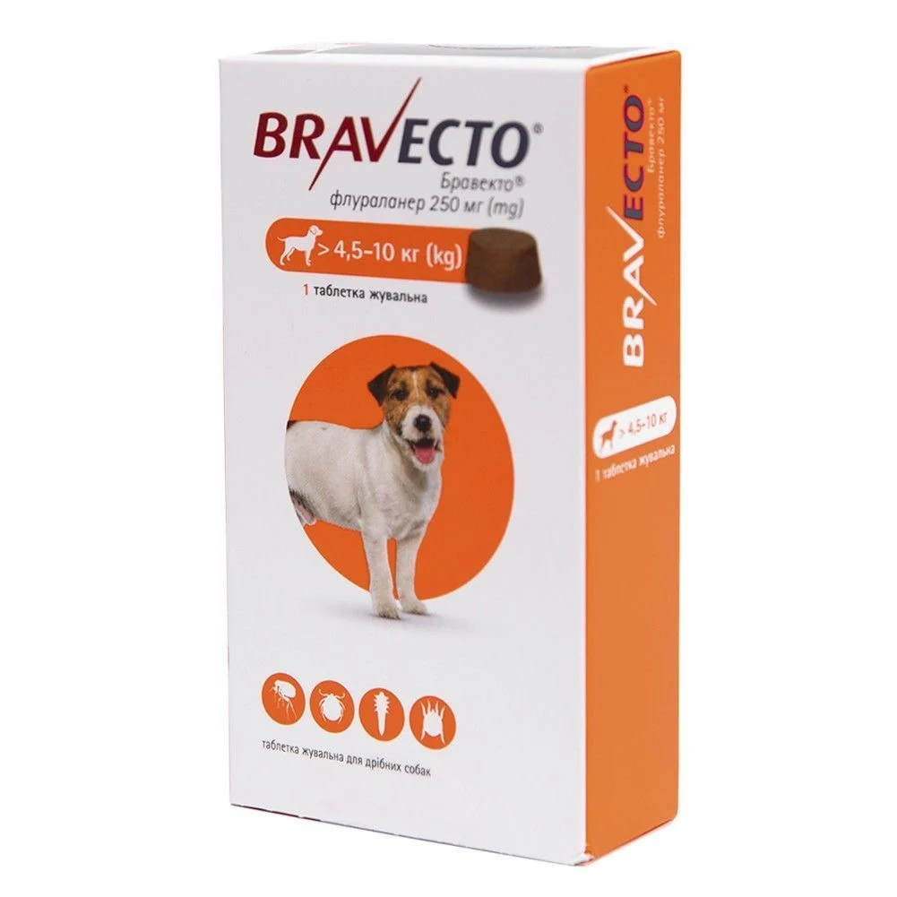Таблетки для собак Bravecto від 4,5 до 10 кг, 1 шт Таблетки для собак Bravecto від 4,5 до 10 кг, 1 шт