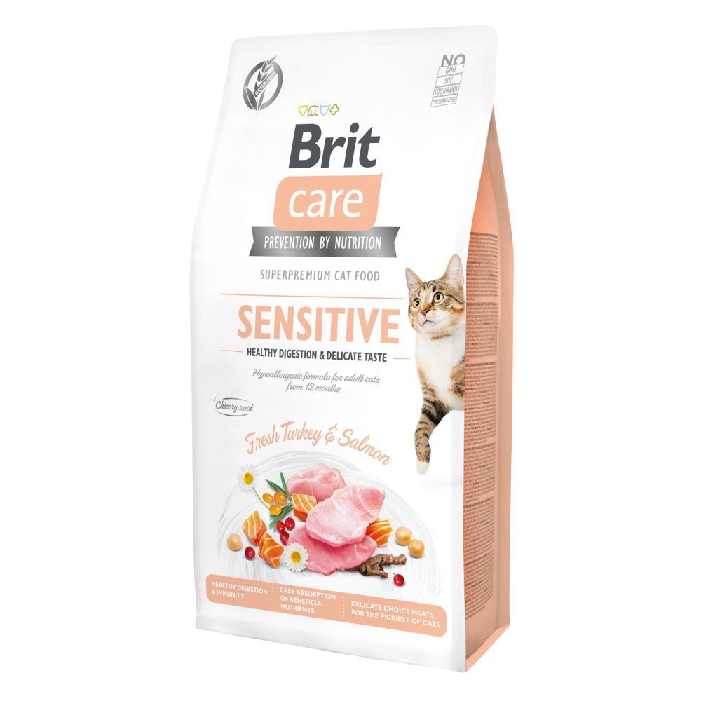 Сухой корм для кошек Brit Care Cat Grain Free Sensitive Health Digestion & Delicate Taste 7 кг - индейка и лосось Сухой корм для кошек Brit Care Cat Grain Free Sensitive Health Digestion & Delicate Taste 7 кг - индейка и лосось