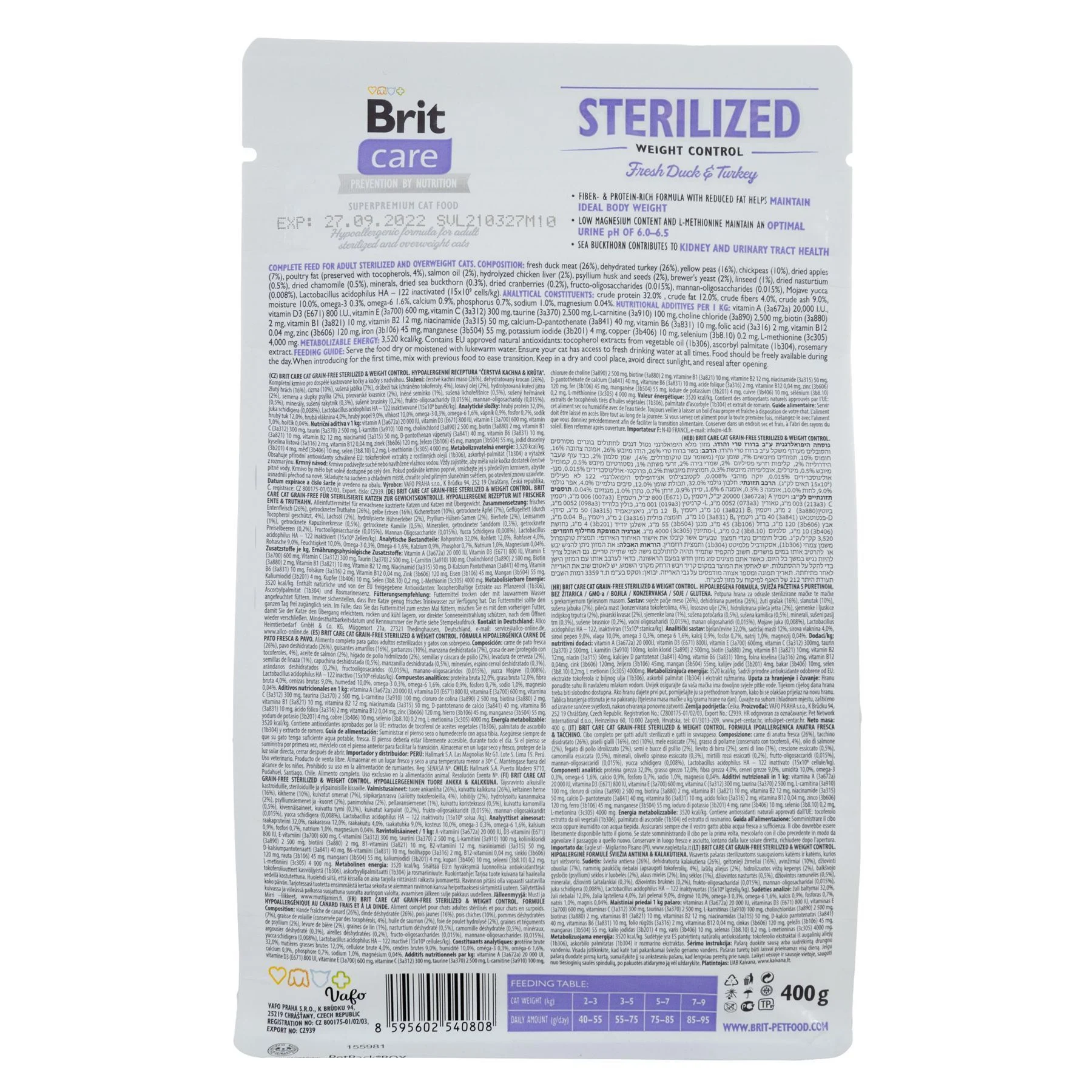 Сухий корм для котів Brit Care Cat Grain Free Sterilized Weight Control 400 г - качка та індичка