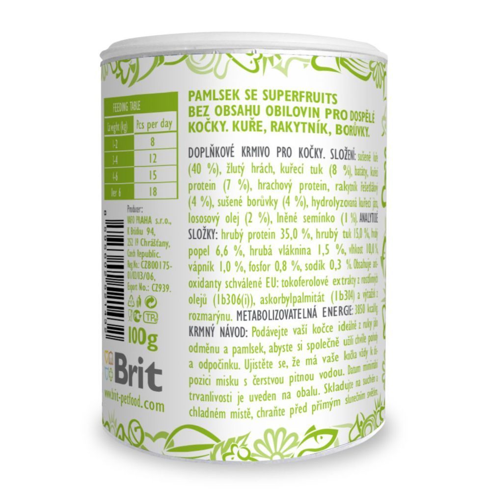 Ласощі для котів Brit Care Superfruits Chicken 100 г - курка, обліпиха і чорниця Ласощі для котів Brit Care Superfruits Chicken 100 г - курка, обліпиха і чорниця
