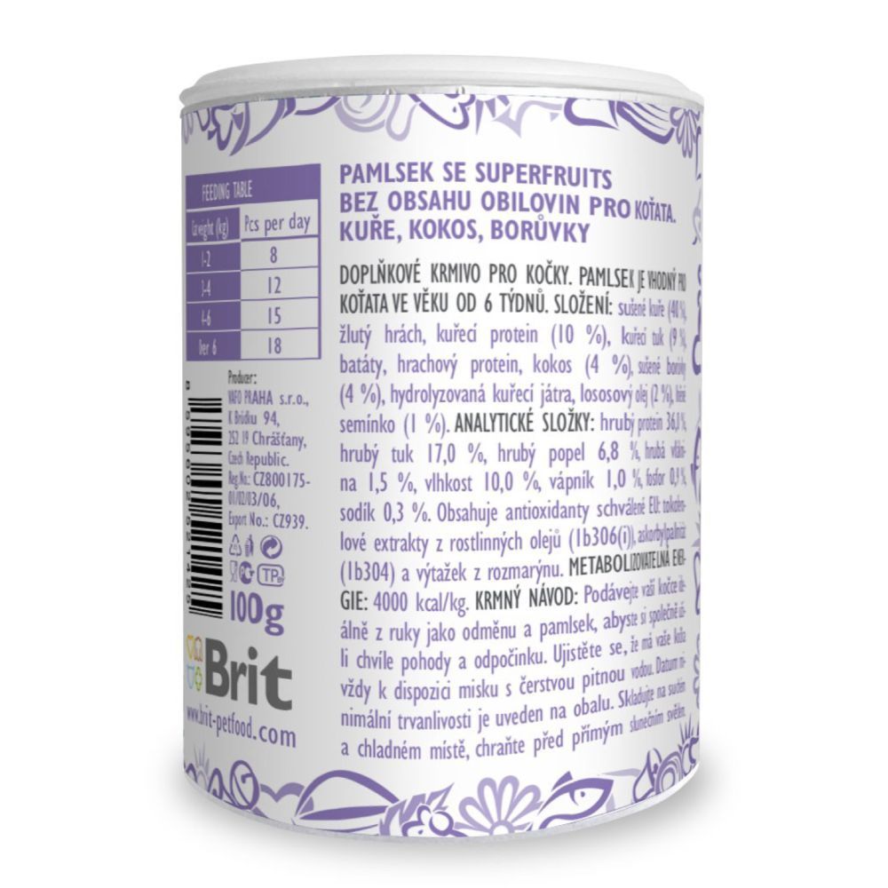 Ласощі для кошенят Brit Care Superfruits Kitten 100 г - курка, кокос і чорниця Ласощі для кошенят Brit Care Superfruits Kitten 100 г - курка, кокос і чорниця