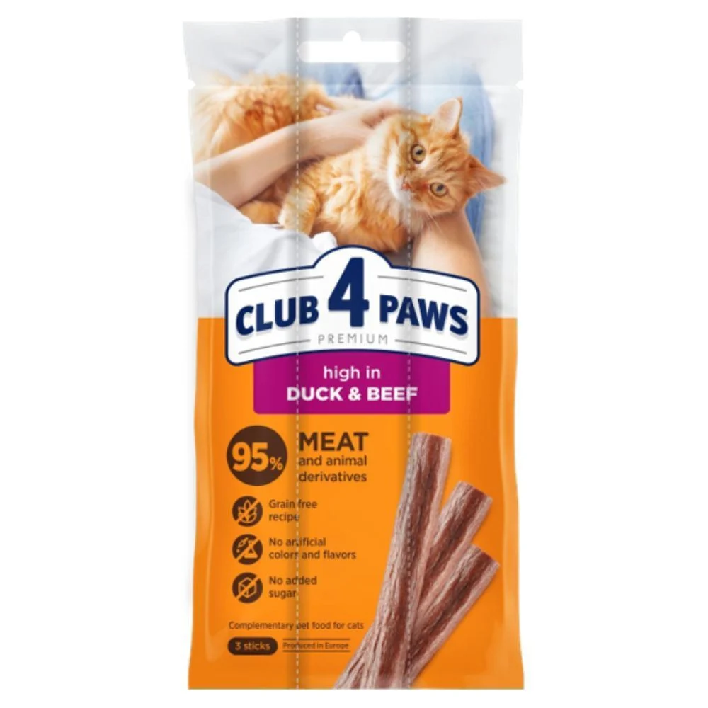 Ласощі для котів Club 4 Paws Sticks 3 шт х 5 г - качка та яловичина Ласощі для котів Club 4 Paws Sticks 3 шт х 5 г - качка та яловичина
