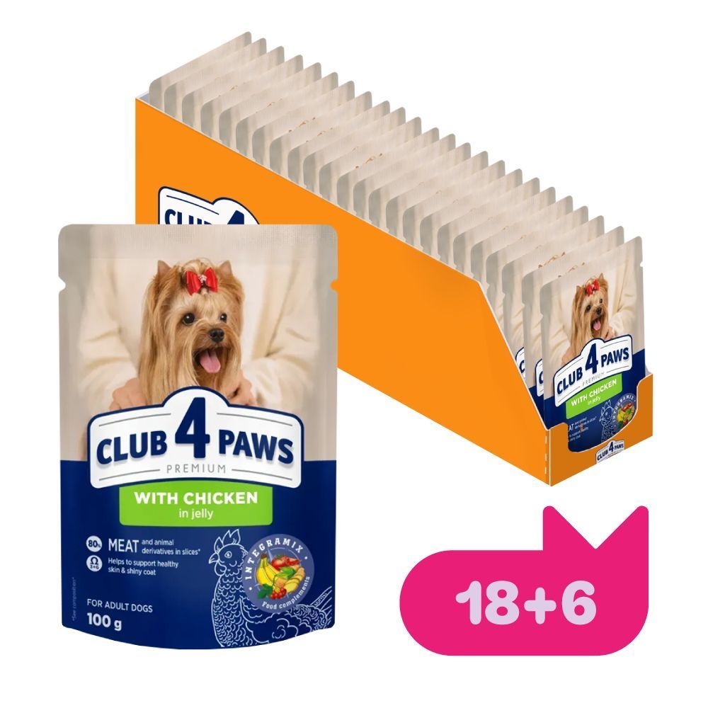 Набір вологого корму для собак Club 4 Paws Premium Adult 18+6 шт х 100 г - курка Набір вологого корму для собак Club 4 Paws Premium Adult 18+6 шт х 100 г - курка