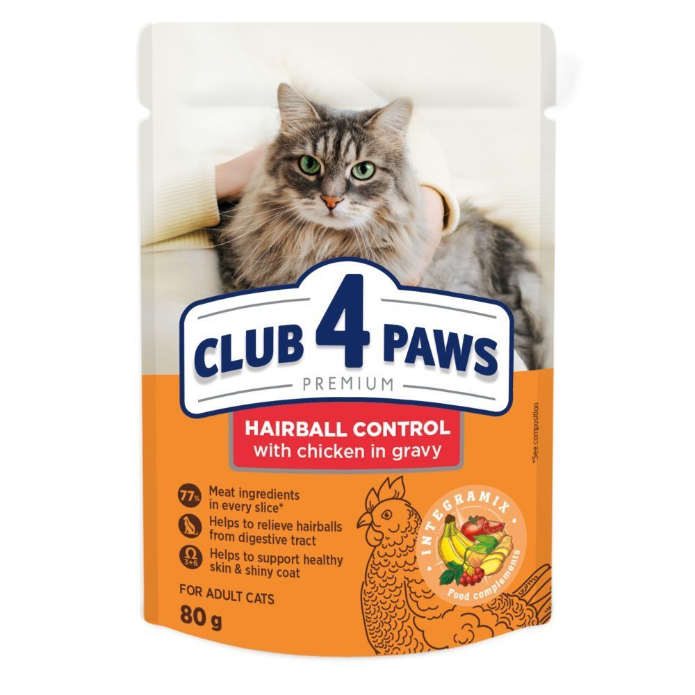 Вологий корм для котів Club 4 Paws Premium Hairball Control 80 г - курка Вологий корм для котів Club 4 Paws Premium Hairball Control 80 г - курка
