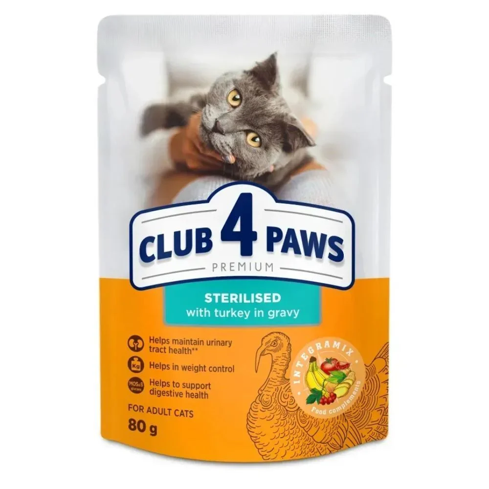 Вологий корм для котів Club 4 Paws Premium Sterilised 80 г - індичка Вологий корм для котів Club 4 Paws Premium Sterilised 80 г - індичка