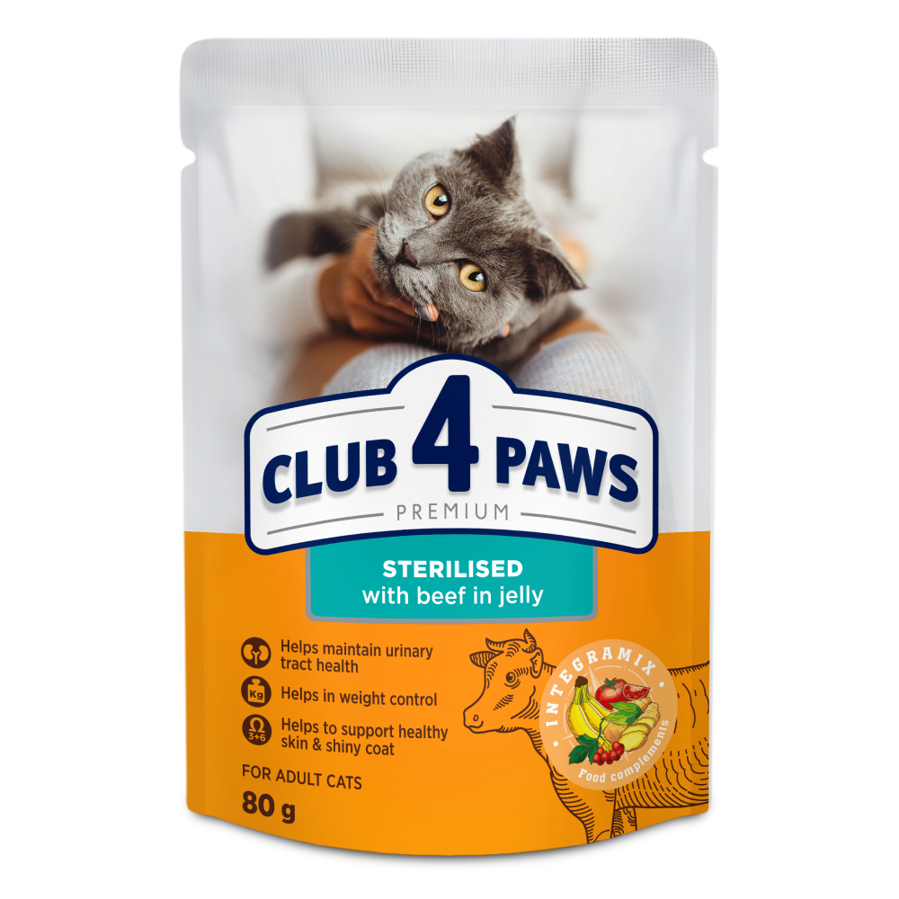 Вологий корм для котів Club 4 Paws Premium Sterilised 80 г - яловичина Вологий корм для котів Club 4 Paws Premium Sterilised 80 г - яловичина