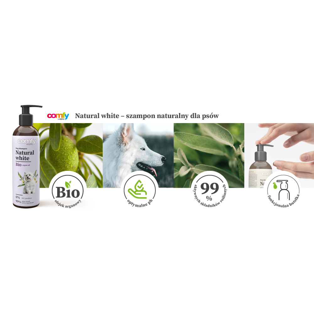 Шампунь для собак Comfy Natural White 250 мл - арганова олія Шампунь для собак Comfy Natural White 250 мл - арганова олія