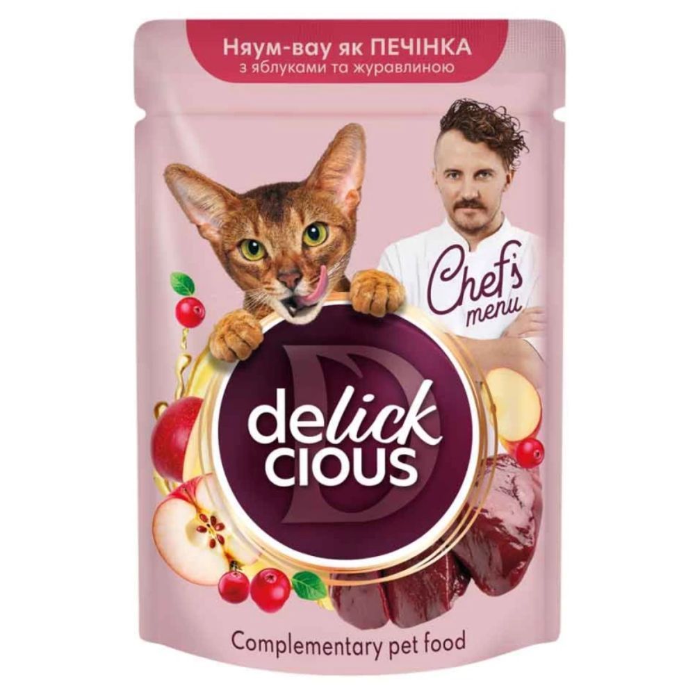 Вологий корм для котів Delickcious Chef's Menu 85 г - печінка, яблука та журавлина Вологий корм для котів Delickcious Chef's Menu 85 г - печінка, яблука та журавлина