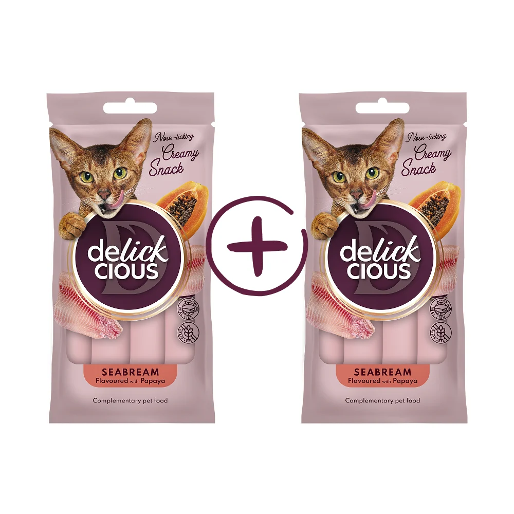Ласощі для котів Delickcious Creamy Snack 1+1 шт 120 г - дорадо та папая Ласощі для котів Delickcious Creamy Snack 1+1 шт 120 г - дорадо та папая