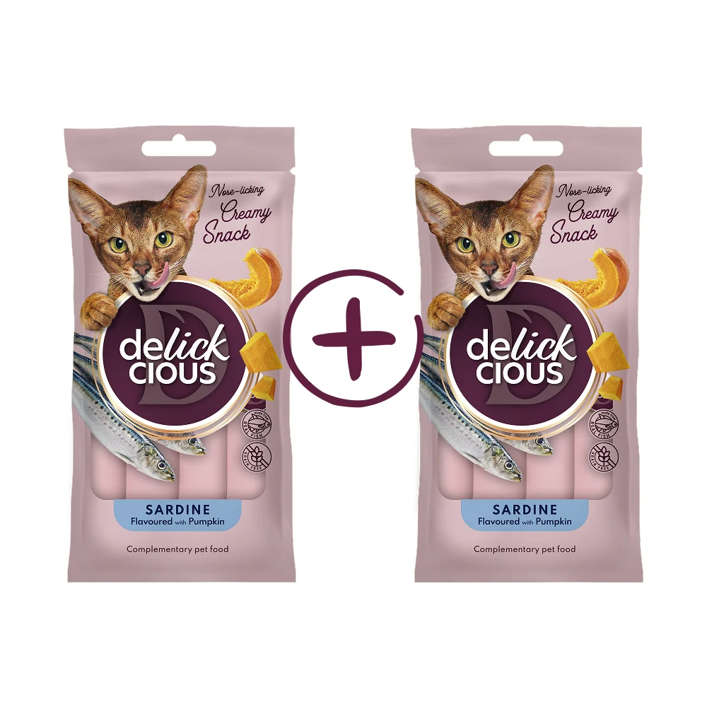 Ласощі для котів Delickcious Creamy Snack 1+1 шт 120 г - сардина та гарбуз