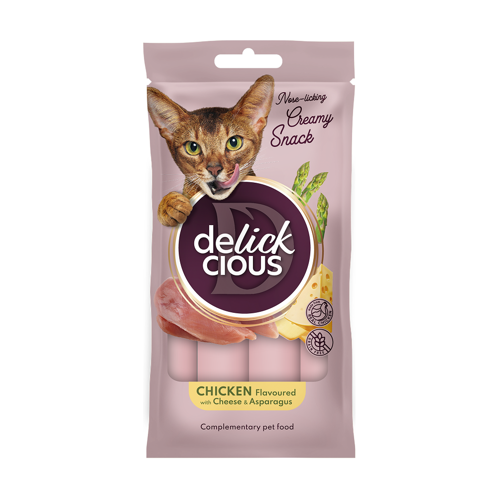 Ласощі для котів Delickcious Creamy Snack 4 шт х 15 г - курка, сир та спаржа Ласощі для котів Delickcious Creamy Snack 4 шт х 15 г - курка, сир та спаржа