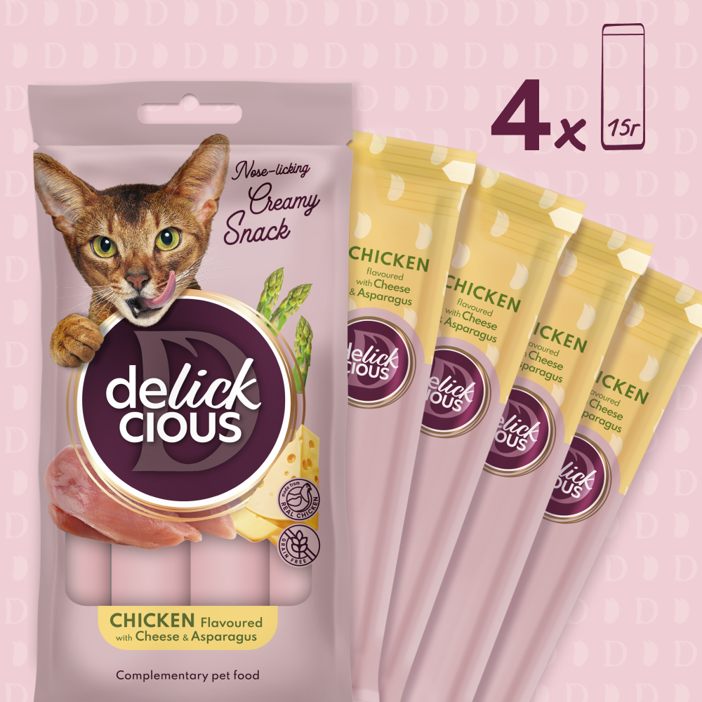 Ласощі для котів Delickcious Creamy Snack 4 шт х 15 г - курка, сир та спаржа Ласощі для котів Delickcious Creamy Snack 4 шт х 15 г - курка, сир та спаржа