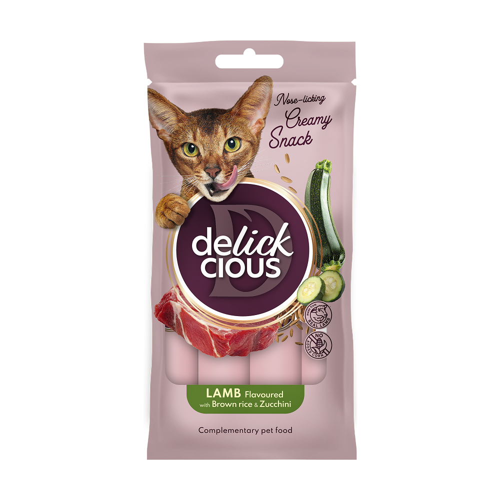 Ласощі для котів Delickcious Creamy Snack 4 шт х 15 г - ягня, рис та цукіні Ласощі для котів Delickcious Creamy Snack 4 шт х 15 г - ягня, рис та цукіні