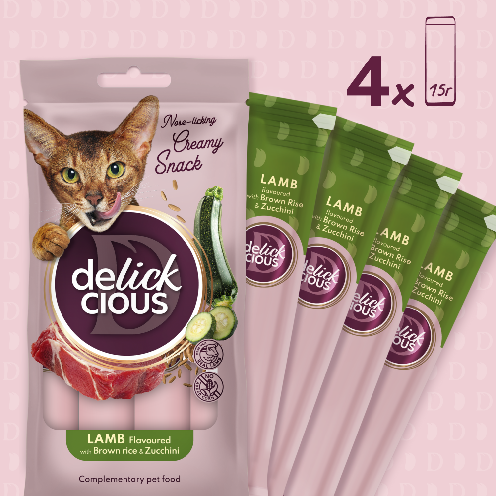 Ласощі для котів Delickcious Creamy Snack 4 шт х 15 г - ягня, рис та цукіні Ласощі для котів Delickcious Creamy Snack 4 шт х 15 г - ягня, рис та цукіні