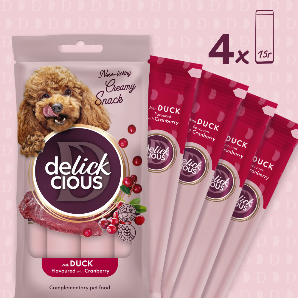 Ласощі для собак Delickcious Creamy Snack 60 г - качка та журавлина Ласощі для собак Delickcious Creamy Snack 60 г - качка та журавлина