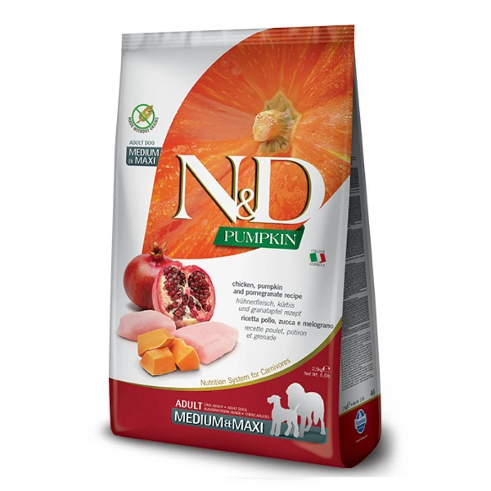 Сухий корм для собак Farmina N&D Pumpkin Grain Free Adult Medium Maxi 2,5 кг - курка, гарбуз та гранат Сухий корм для собак Farmina N&D Pumpkin Grain Free Adult Medium Maxi 2,5 кг - курка, гарбуз та гранат