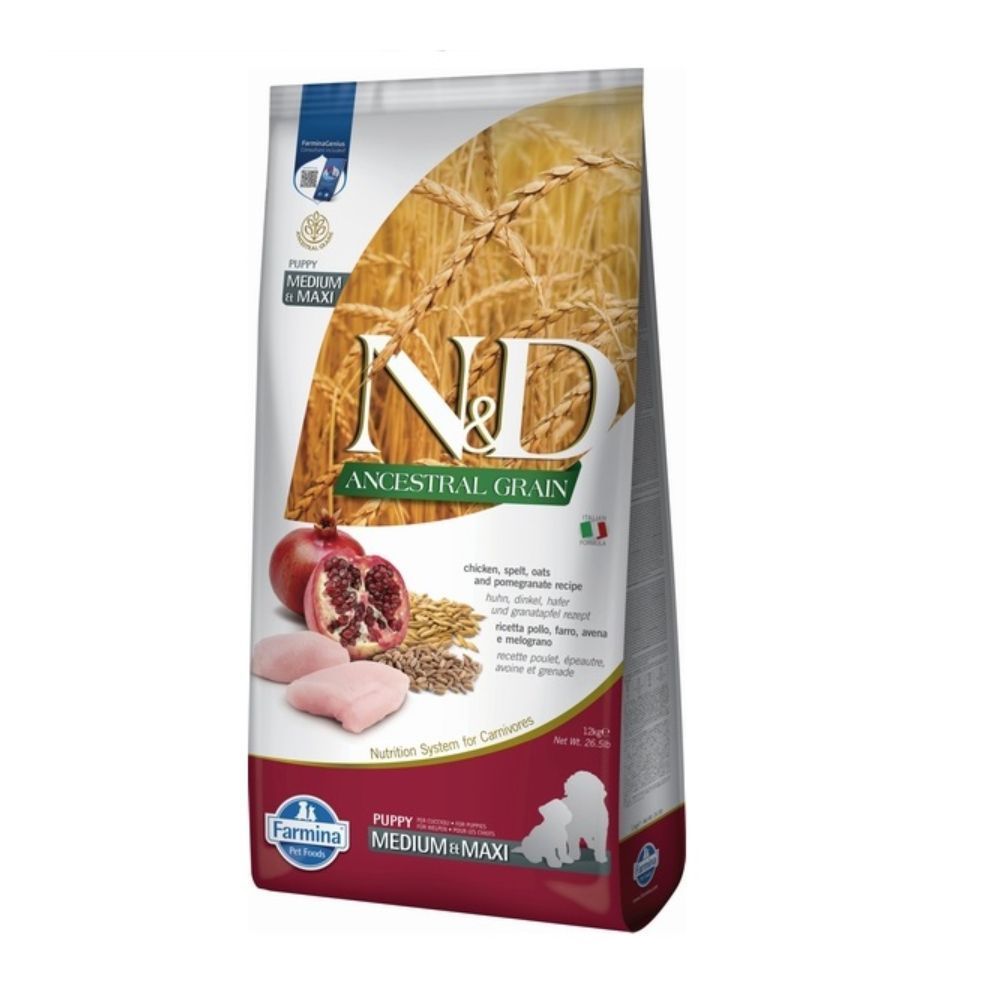 Сухой корм для щенков Farmina N&D Ancestral Grain Medium & Maxi Puppy 12 кг - курица, спельта, овес и гранат