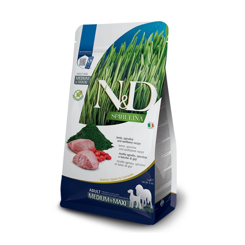Сухий корм для собак Farmina N&D Grain Free Medium & Maxi Adult 2 кг - ягня, спіруліна та ягоди годжі Сухий корм для собак Farmina N&D Grain Free Medium & Maxi Adult 2 кг - ягня, спіруліна та ягоди годжі