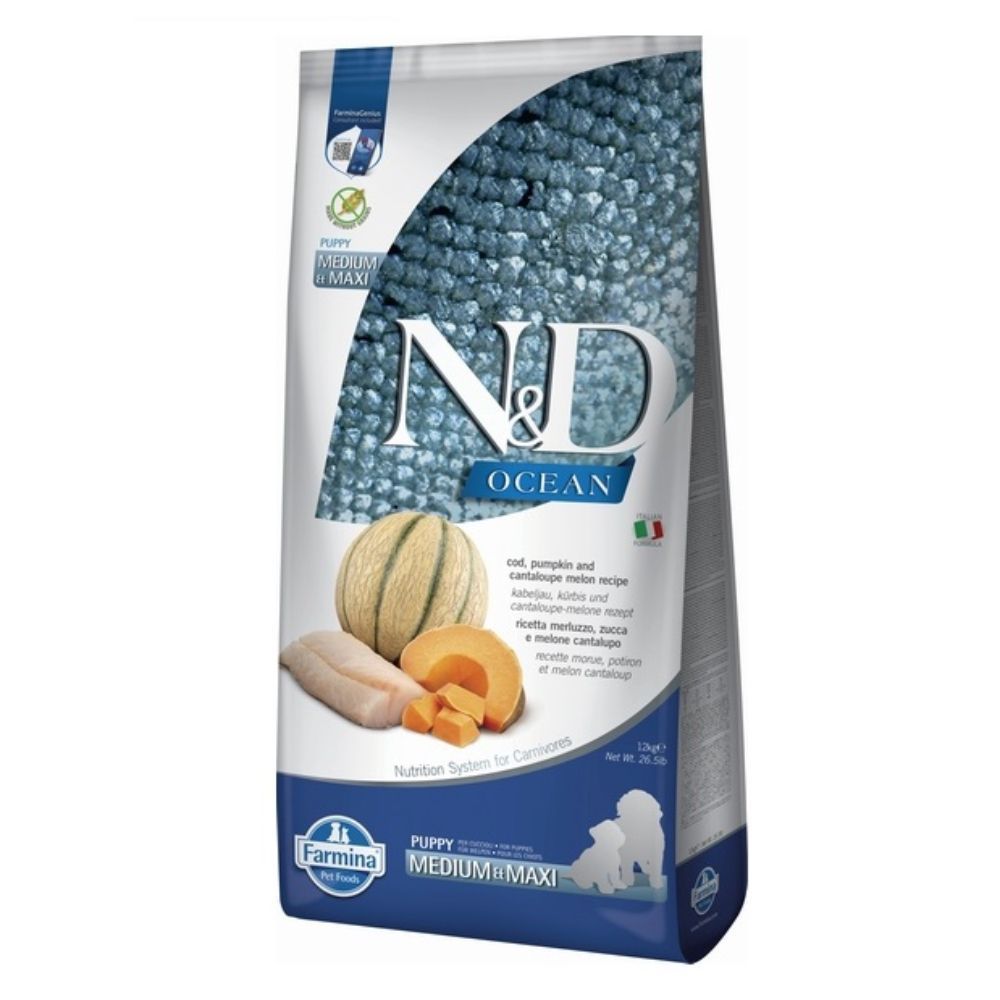Сухой корм для щенков Farmina N&D Ocean Grain Free Puppy Medium Maxi 12 кг - треска и дыня Сухой корм для щенков Farmina N&D Ocean Grain Free Puppy Medium Maxi 12 кг - треска и дыня