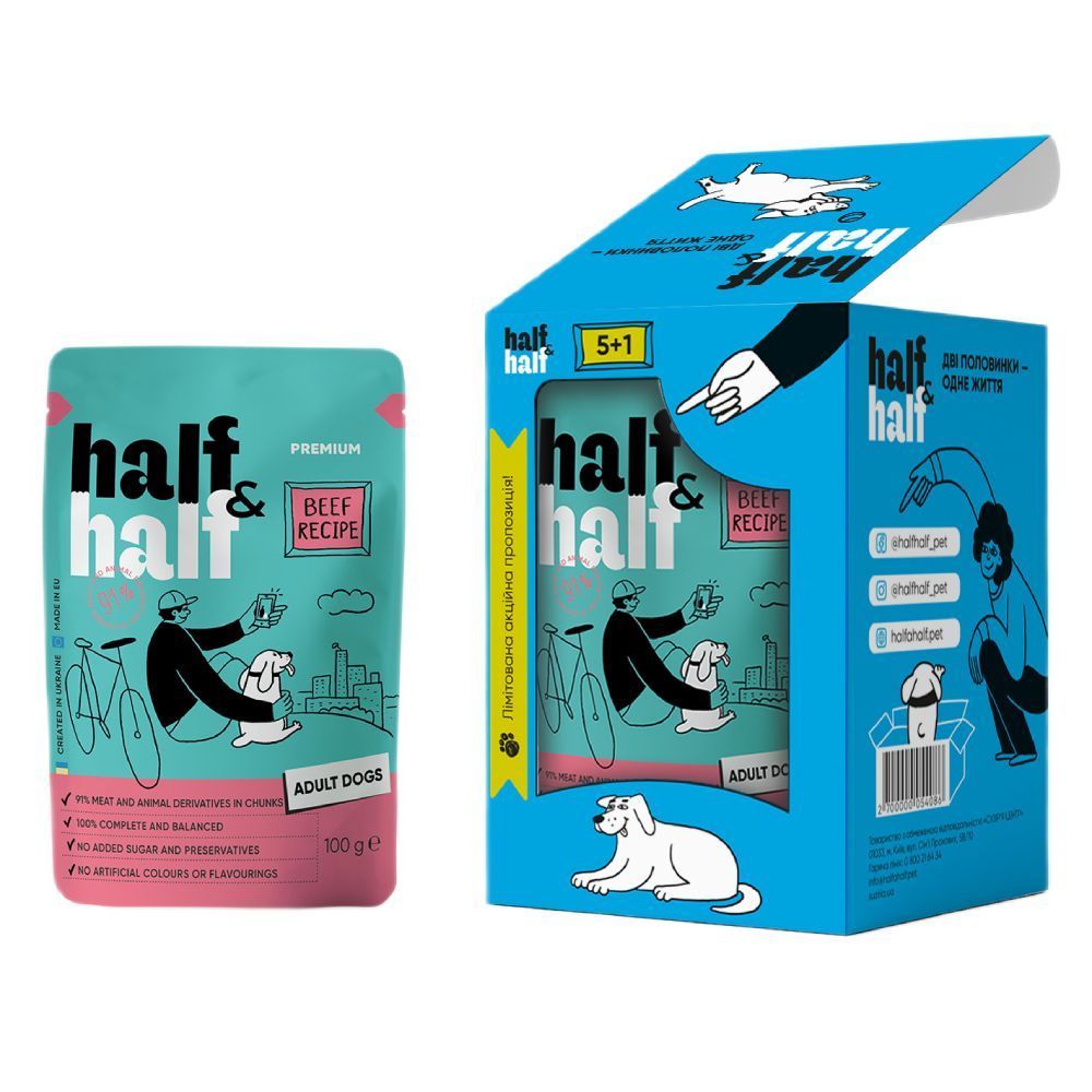 Упаковка вологого корму для собак Half&Half Adult 5+1 шт х 100 г - яловичина