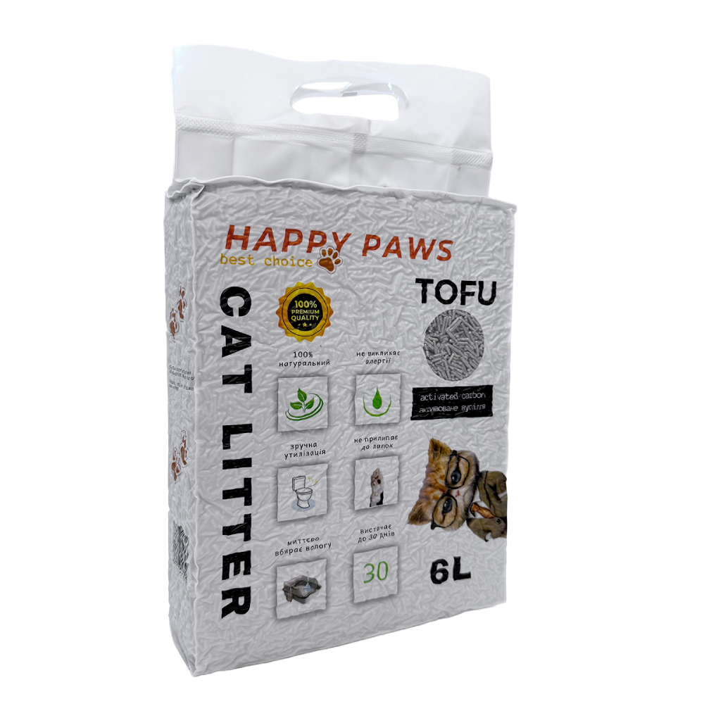 Наповнювач соєвий для котячого туалету Happy Paws Tofu 6 л - активоване вугілля