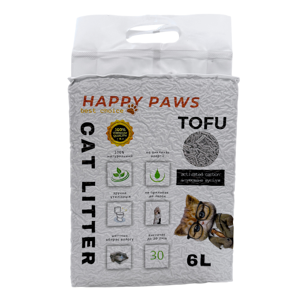 Наповнювач соєвий для котячого туалету Happy Paws Tofu 6 л - активоване вугілля