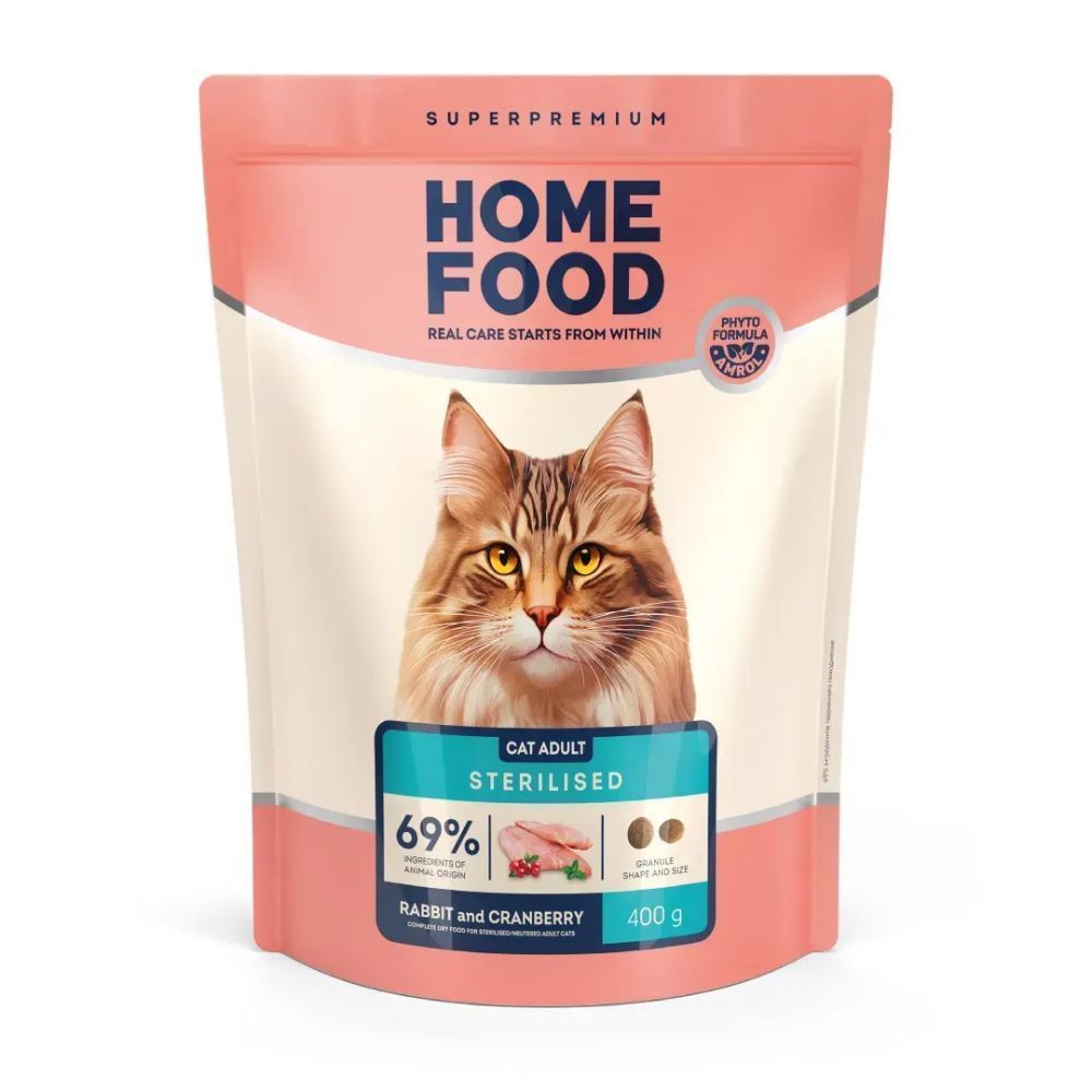 Сухий корм для котів Home Food Adult For Sterilised/Neutered 400 г - кролик та журавлина Сухий корм для котів Home Food Adult For Sterilised/Neutered 400 г - кролик та журавлина