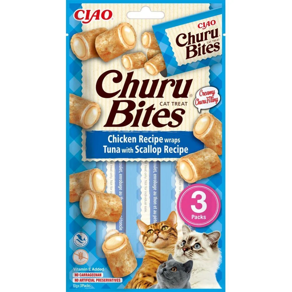 Ласощі для котів Inaba Churu Bites 3 шт х 10 г - курка, тунець та морський гребінець Ласощі для котів Inaba Churu Bites 3 шт х 10 г - курка, тунець та морський гребінець